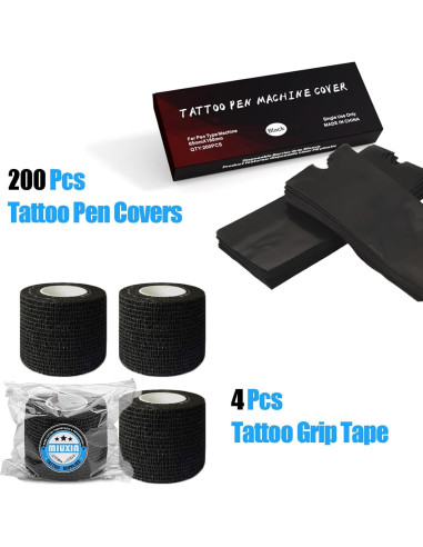 Cubiertas de Máquina de Tatuaje MIUXIA 200Pcs Negras + 4Cinta