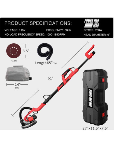 Lijadora de Paneles de Yeso Eléctrica Power Pro 1850 - 750W, 1000-1850rpm, Luz LED