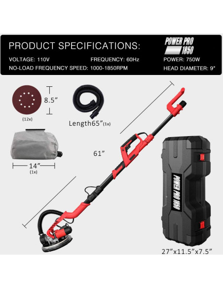 Lijadora de Paneles de Yeso Eléctrica Power Pro 1850 - 750W, 1000-1850rpm, Luz LED