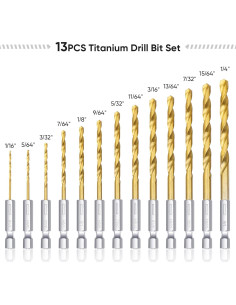 Juego de Brocas TICONN 13 Piezas Titanio HSS 1.59 a 6.35 mm 2