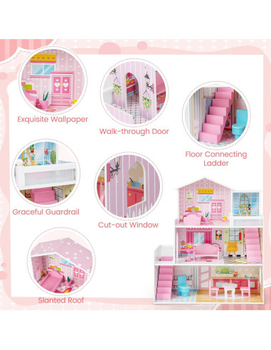 Casa de Muñecas de Madera Costzon 3 Pisos con Muebles