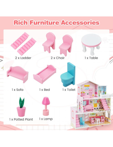 Casa de Muñecas de Madera Costzon 3 Pisos con Muebles