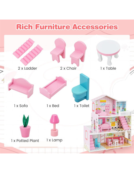 Casa de Muñecas de Madera Costzon 3 Pisos con Muebles Casa de Muñecas de Madera Costzon 3 Pisos con Muebles