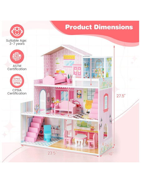 Casa de Muñecas de Madera Costzon 3 Pisos con Muebles Casa de Muñecas de Madera Costzon 3 Pisos con Muebles