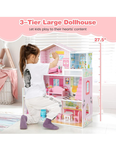 Casa de Muñecas de Madera Costzon 3 Pisos con Muebles