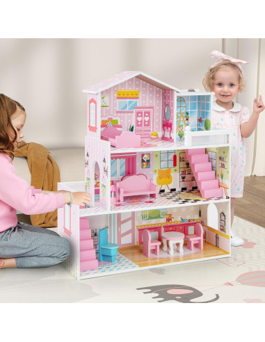 Casa de Muñecas de Madera Costzon 3 Pisos con Muebles
