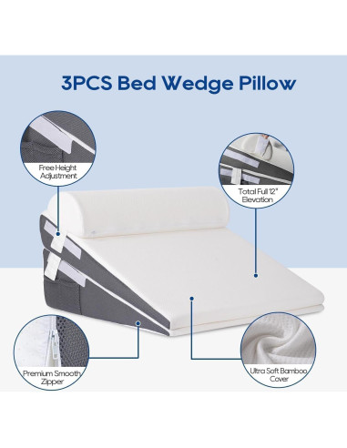 Almohada en Cuña GOHOME Ajustable Espuma Viscoelástica 3 Piezas