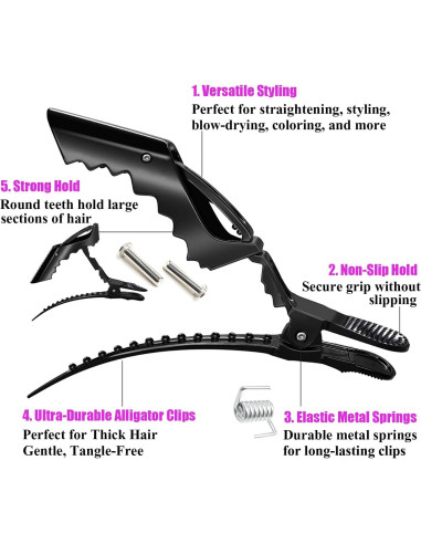 10 Clips de Pelo Cocodrilo Rabetly - Dientes Anchos, Negro