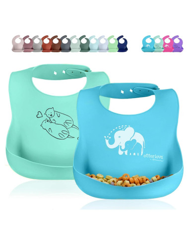 Babero de Silicona Otterlove - 2 Piezas Elefantes y Nutrias