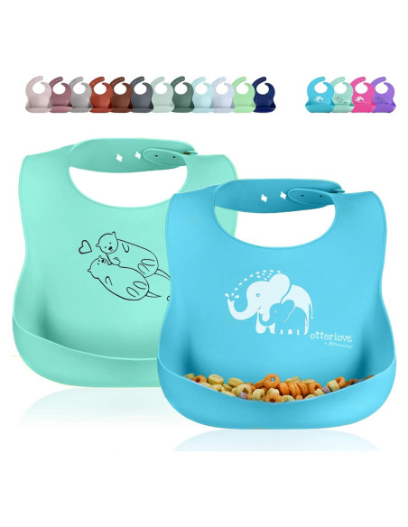Babero de Silicona Otterlove - 2 Piezas Elefantes y Nutrias