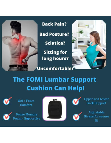 Cojín Lumbar Ortopédico FOMI Ajustable | Espuma Viscoelástica y Gel | Alivio Dolor Espalda y Ciática | 48x43 cm