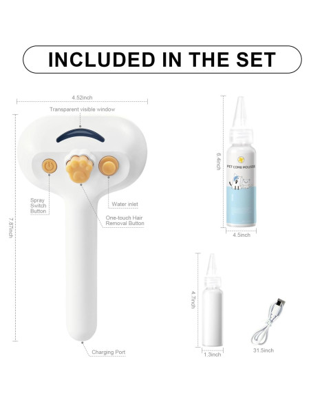 Cepillo de Vapor para Mascotas VVWVVW 3 en 1 con Spray Cepillo de Vapor para Mascotas VVWVVW 3 en 1 con Spray