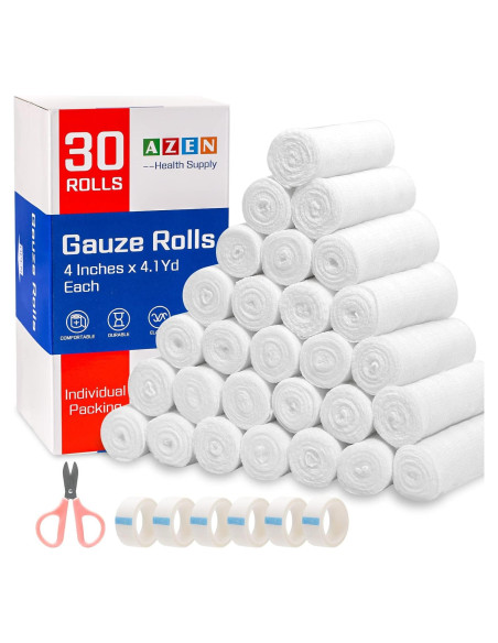 AZEN Paquete de 30 Rollos de Gasa 10,16 cm x 3,75 m