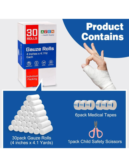 AZEN Paquete de 30 Rollos de Gasa 10,16 cm x 3,75 m
