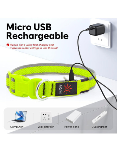 Collar de Perro LED Yuansen Verde Neón Pequeño Recargable
