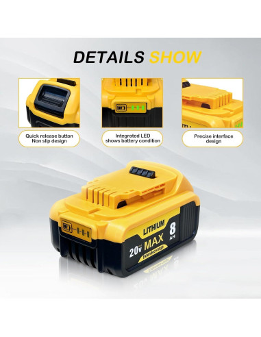 Batería Litio 20V 8.0Ah KINGTIANLE para Dewalt DCB208 DCB200