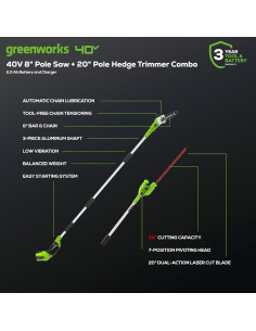 Kit Combo Greenworks 40V: Sierra de Poste 8" y Cortadora de Setos 20" 2