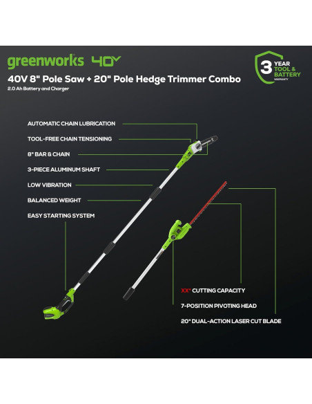 Kit Combo Greenworks 40V: Sierra de Poste 8" y Cortadora de Setos 20"