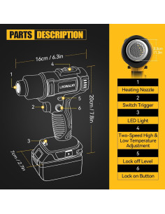 Pistola de Calor Inalámbrica LIVOWALNY 350W 20V con Batería 5Ah 2