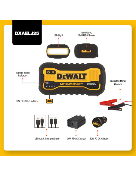 Arrancador Portátil DEWALT DXAELJ25 2500 Amperios Pico USB