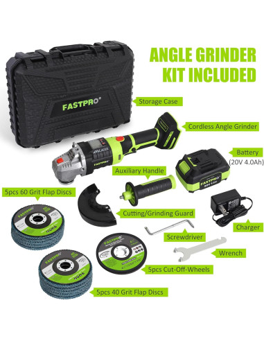 Amoladora Angular Inalámbrica FASTPRO 20V 4.0 Ah con Discos