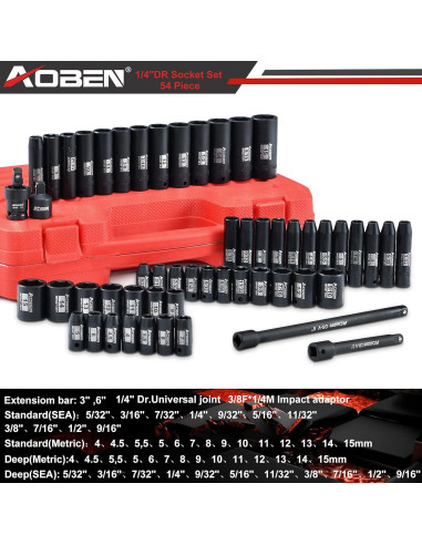 Juego de Enchufes de Impacto AOBEN 54 Piezas 1/4" Cr-V