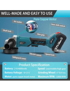 Amoladora Angular Inalámbrica XIKAYADA 21V 4000mAh 12000RPM 2