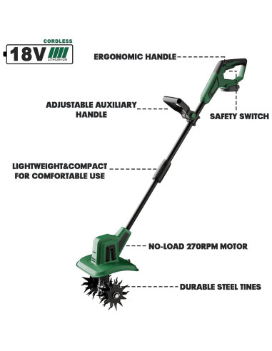 Cultivador Eléctrico Inalámbrico Mayoki TLMT18 270 RPM 22 cm