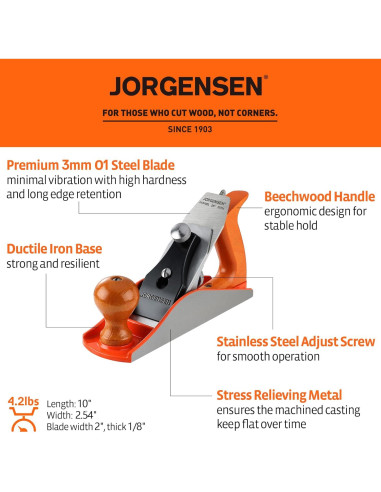 Cepillo Manual JORGENSEN 10" (25.4 cm) de Madera Profesional