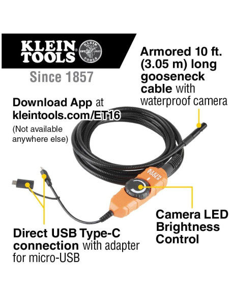 Cámara Borescope Klein Tools 9mm 3m USB + Juego de Enchufes