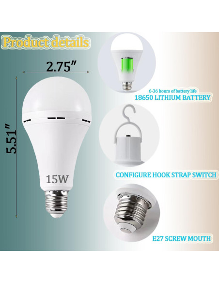 2Pack Bombilla LED de Emergencia Recargable LingWarm 15W 1500lm
