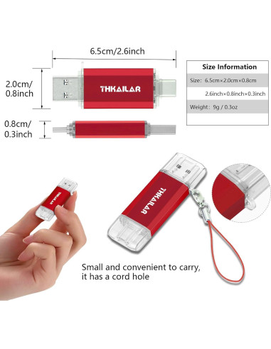 Memoria USB 512GB THKAILAR Tipo A y C 3.1 Rojo