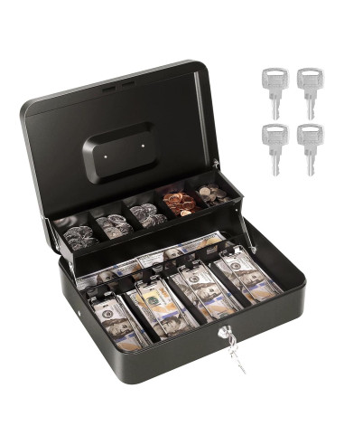 Caja de Efectivo Goehiaul Metal Negra 30x24x9 cm con 4 Llaves