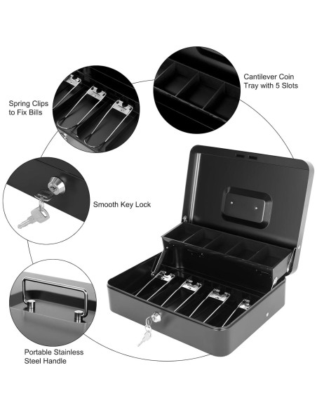 Caja de Efectivo Goehiaul Metal Negra 30x24x9 cm con 4 Llaves