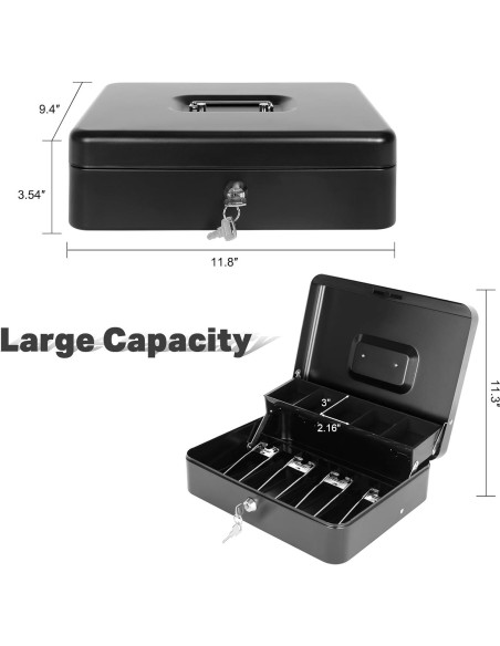 Caja de Efectivo Goehiaul Metal Negra 30x24x9 cm con 4 Llaves