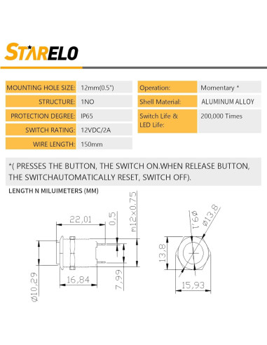 Interruptor de Botón Momentáneo STARELO 12mm IP65 5pcs