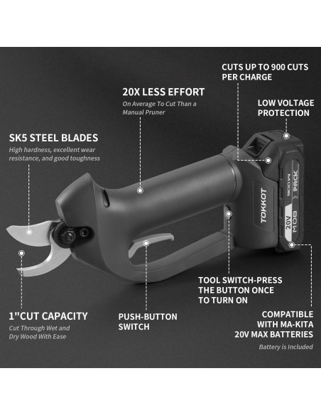 Tijeras de Podar Eléctricas TOKKOT 20V 2000mAh 1.5" Corte