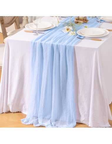 4 Piezas Cubre Mesa de Gasa Azul Claro 120x35 cm Boho Rústico