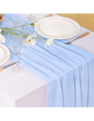 4 Piezas Cubre Mesa de Gasa Azul Claro 120x35 cm Boho Rústico