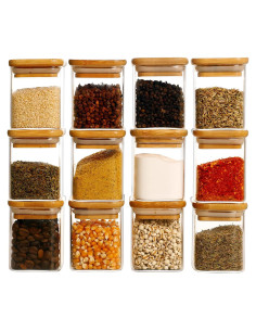 12 Tarros de Especias de Vidrio 9oz con Tapas de Bambú y Etiquetas
