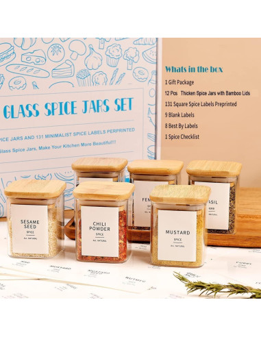 12 Tarros de Especias de Vidrio 9oz con Tapas de Bambú y Etiquetas