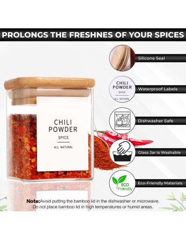12 Tarros de Especias de Vidrio 9oz con Tapas de Bambú y Etiquetas