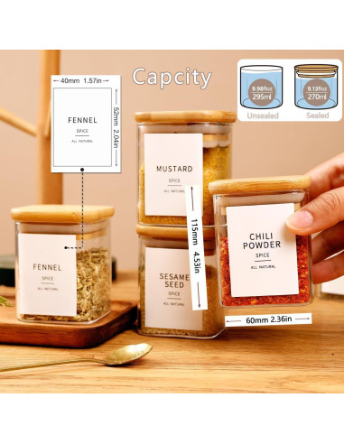 12 Tarros de Especias de Vidrio 9oz con Tapas de Bambú y Etiquetas