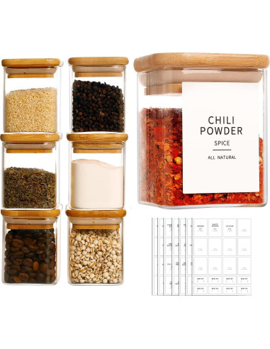 12 Tarros de Especias de Vidrio 9oz con Tapas de Bambú y Etiquetas