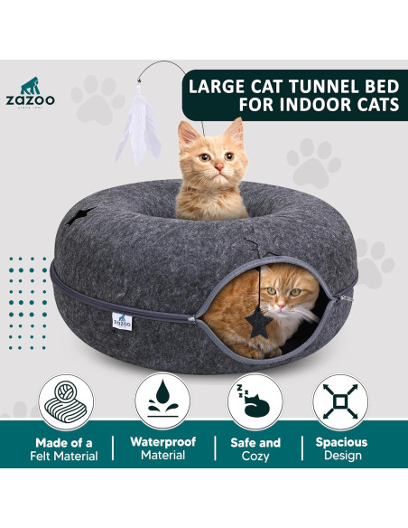 Cueva de Gato ZAZOO 2-en-1 - Túnel y Cama Lavable 61cm