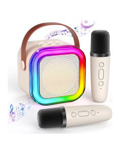 Mini Máquina de Karaoke K12 Beige con 2 Micrófonos Inalámbricos