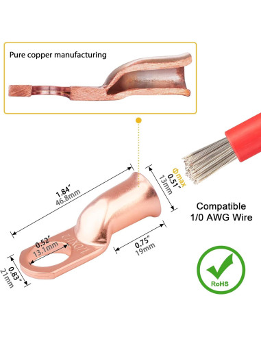 10 Conectores de Terminales de Anillo Sanuke 1/0 AWG Cobre