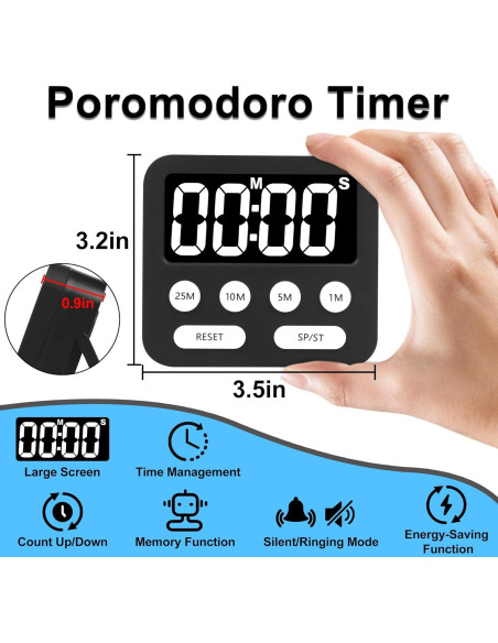 Temporizador Pomodoro Digital AOUVES con Pantalla Grande Negro
