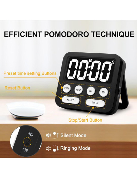 Temporizador Pomodoro Digital AOUVES con Pantalla Grande Negro