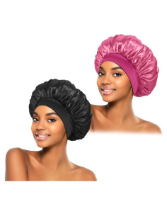 2 Bonetes de Seda ZHENSILK para Dormir - Gorro de Satén Rosa y Negro
